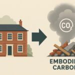 Illustration showing a traditional brick house on the left and a pile of demolished rubble emitting CO₂ on the right, representing embodied carbon released during demolition
