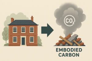Illustration showing a traditional brick house on the left and a pile of demolished rubble emitting CO₂ on the right, representing embodied carbon released during demolition